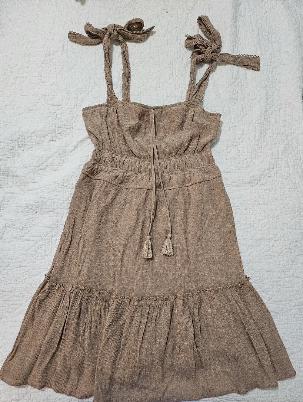 Trixxi Taupe Tie-Shoulder Smocked Waist Sundress